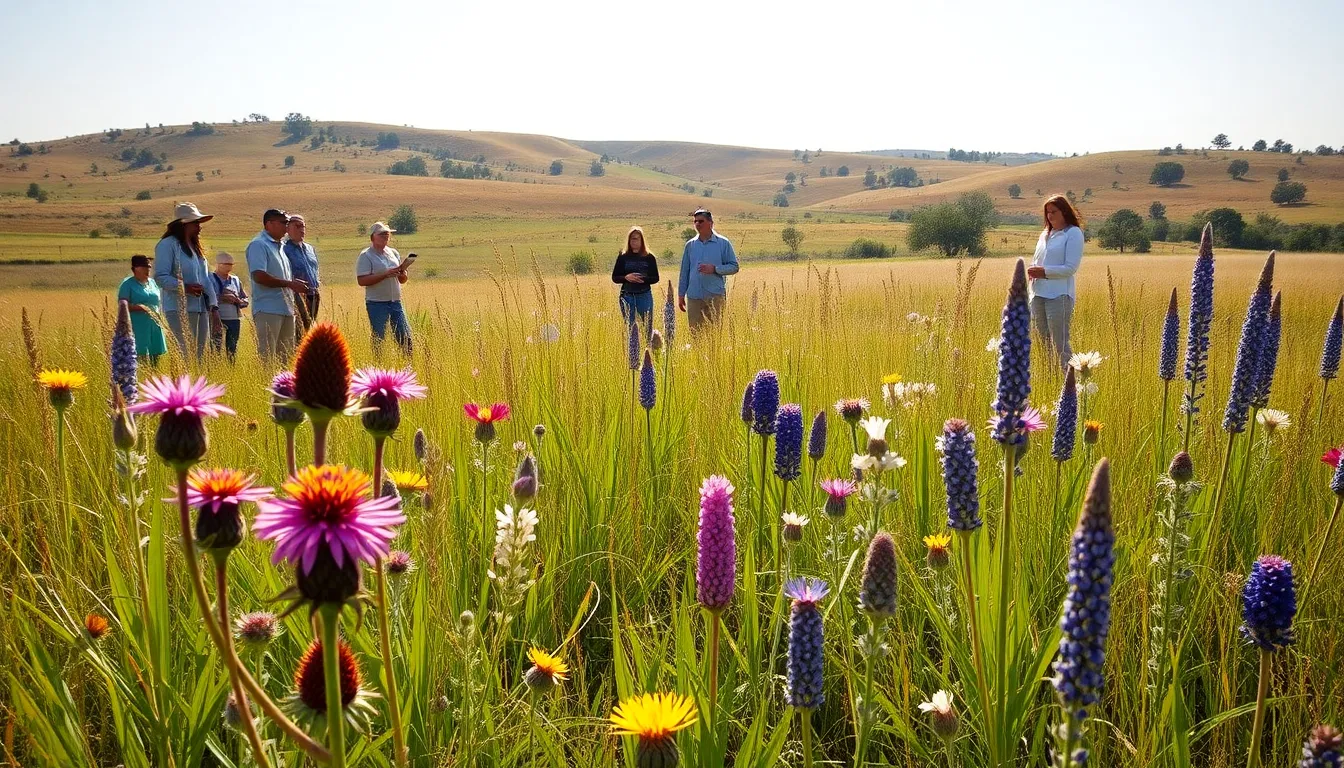 professionals studying Oklahoma's diverse native plants in a sunlit meadow.