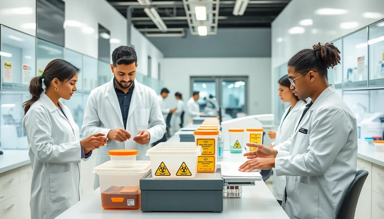 diverse professionals in a modern laboratory managing biohazard materials.