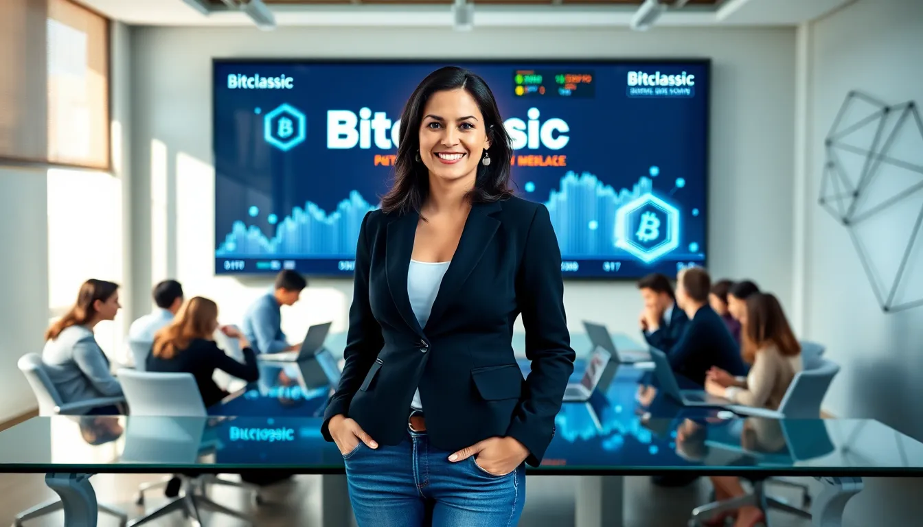 Stacy Klinger in a modern office discussing Bitclassic with a diverse team.