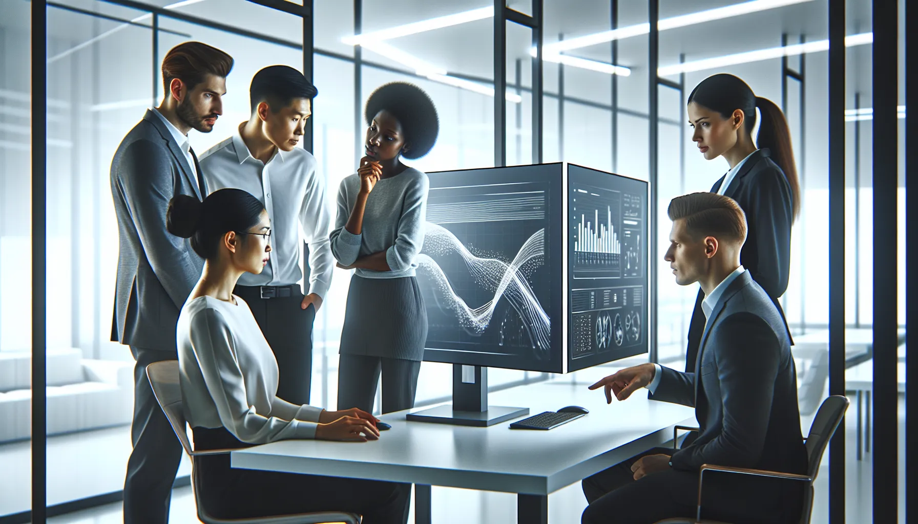 diverse team discussing data in a modern office setting.