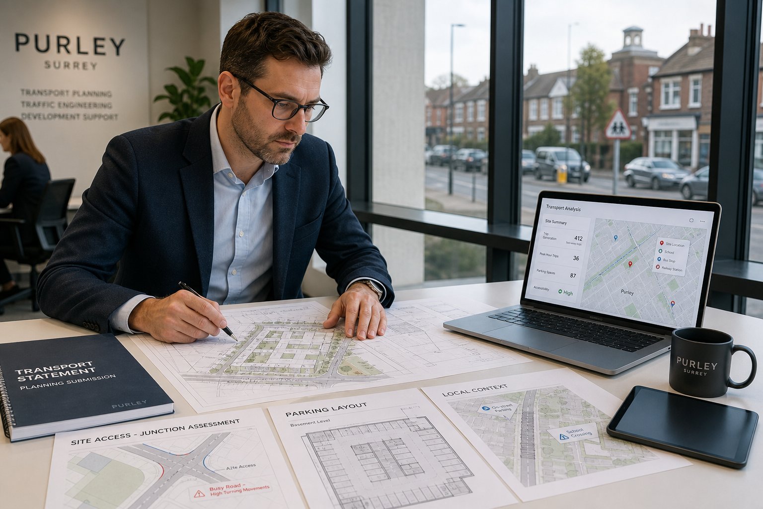 Traffic engineer reviewing development access and parking plans in a modern office.