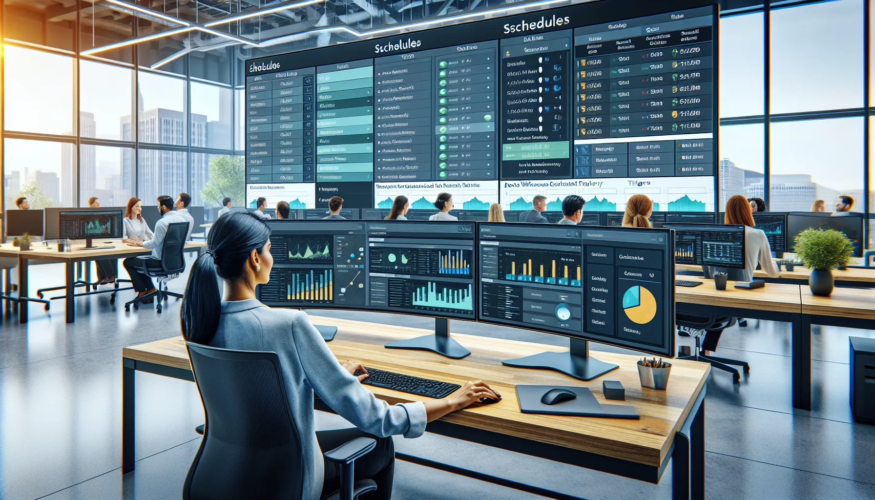 Administrator managing automated Tableau schedule report delivery on dual monitors in a modern office.