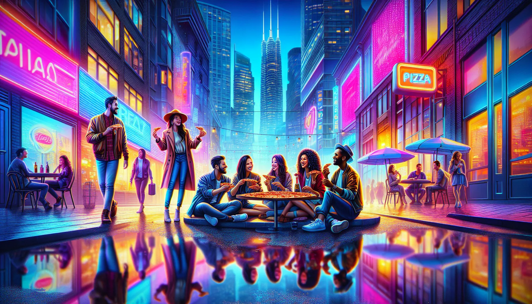 friends enjoying pizza under neon lights in New York City.