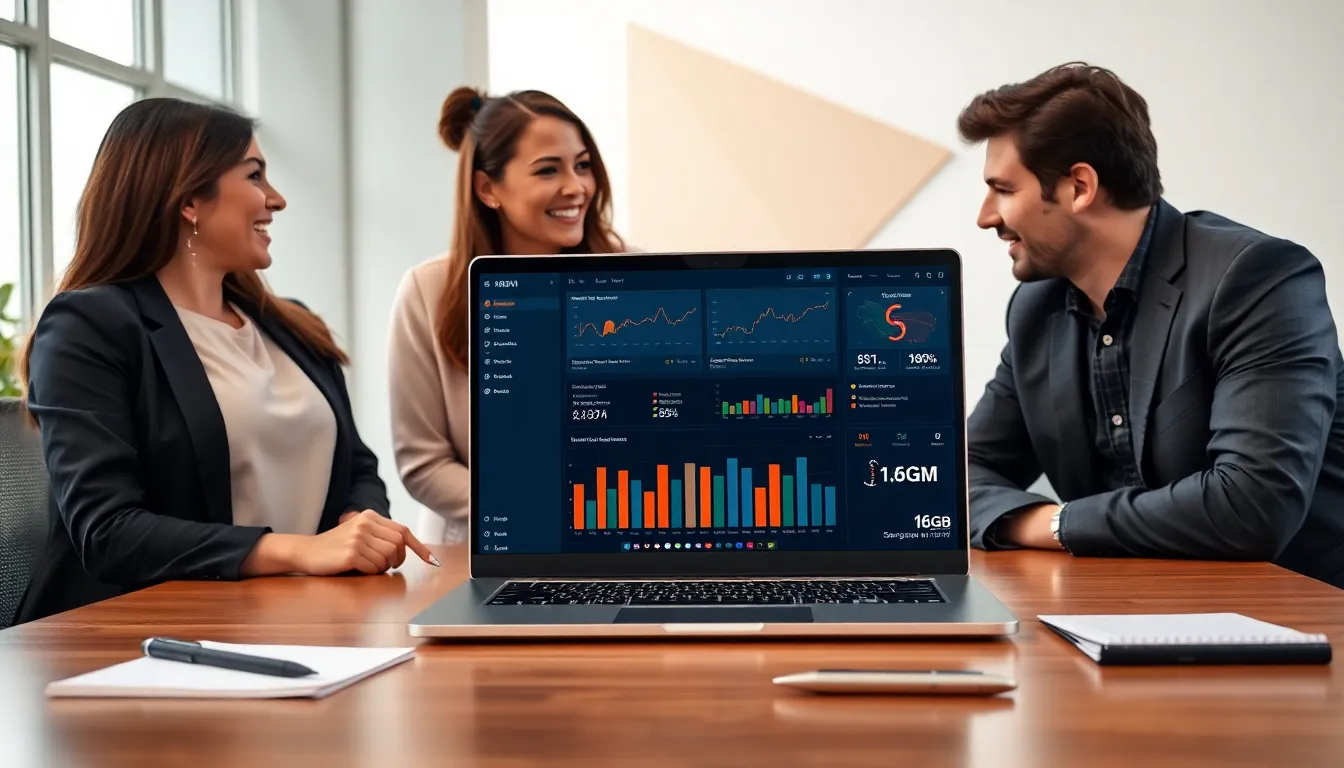diverse professionals discussing around a laptop in a modern office.