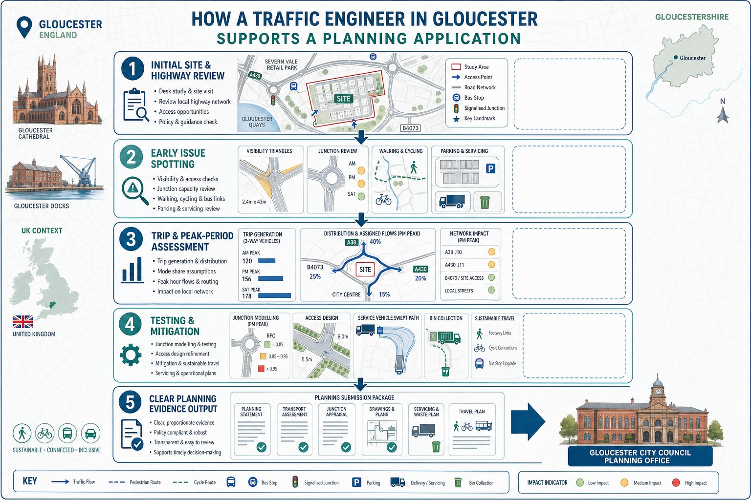 Infographic of traffic engineer steps for Gloucester planning application review.