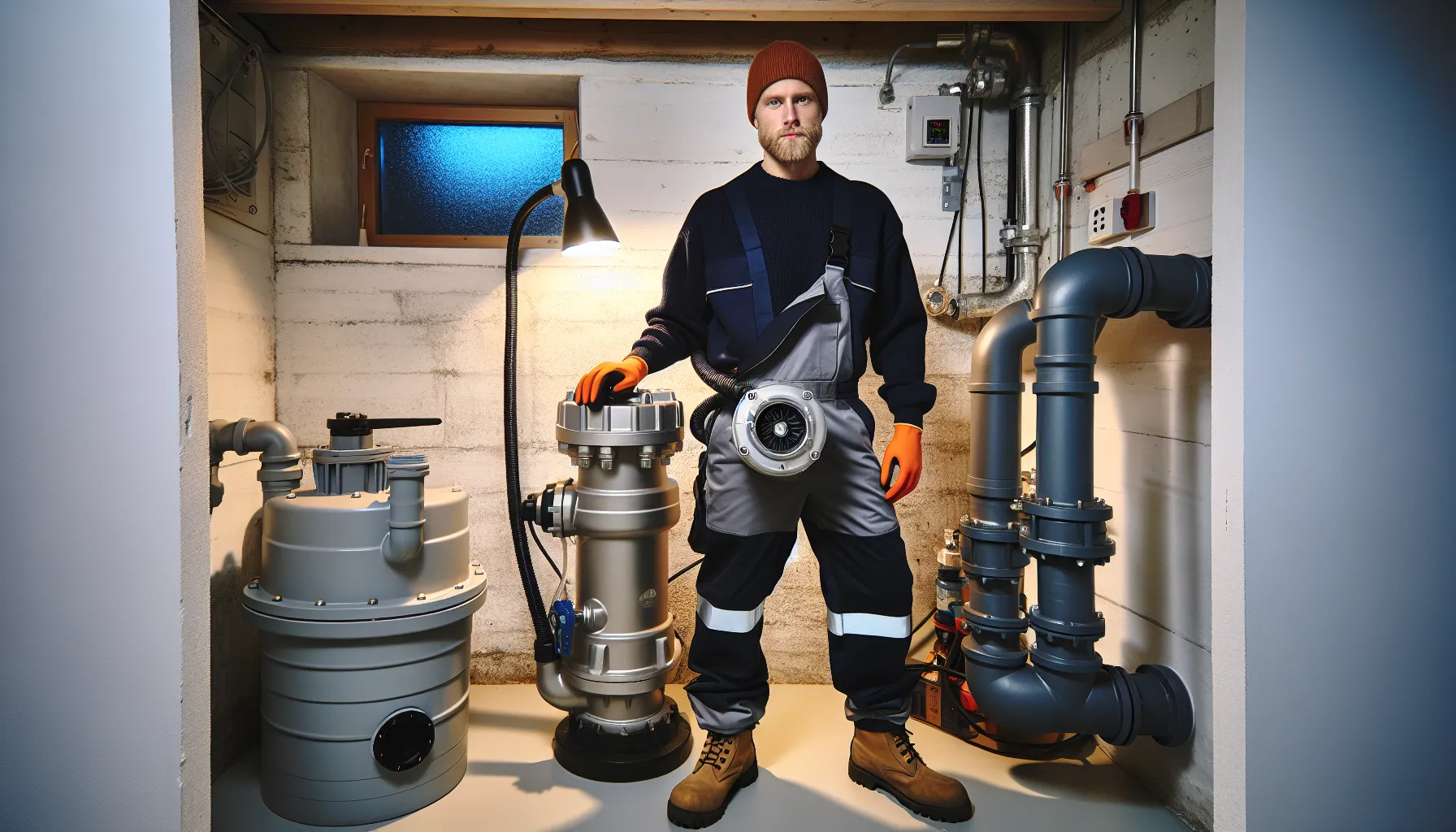 Norwegian technician compares macerator, sewage, lift station, and graywater pumps in basement.