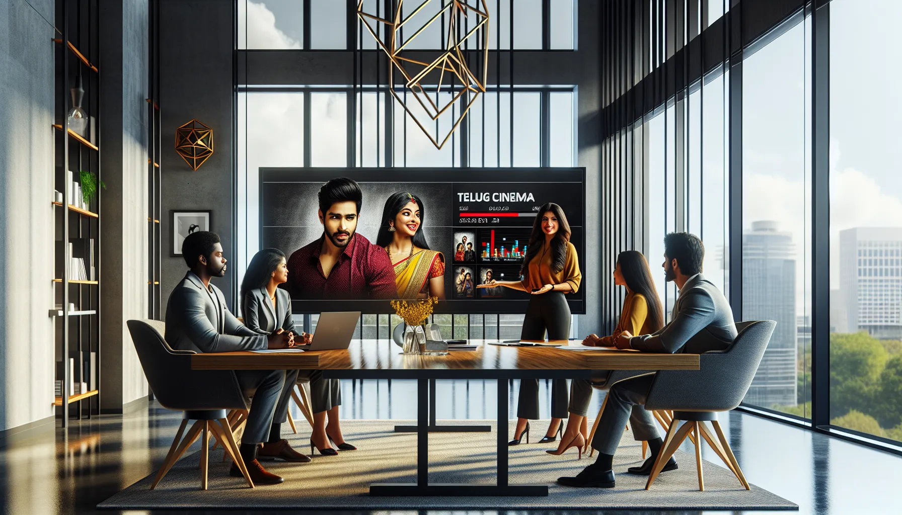 diverse team discussing Telugu cinema in a modern office.