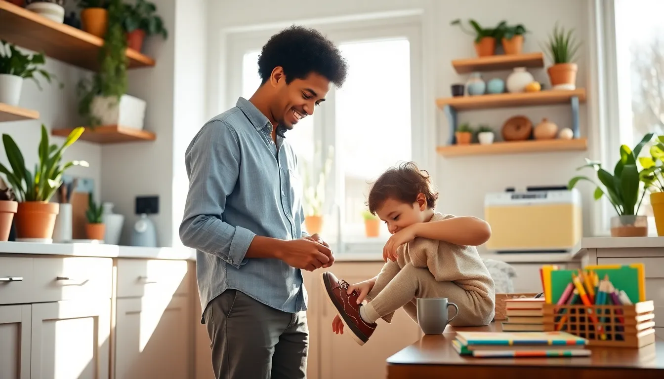 single parent and child sharing a nurturing moment in a modern kitchen.