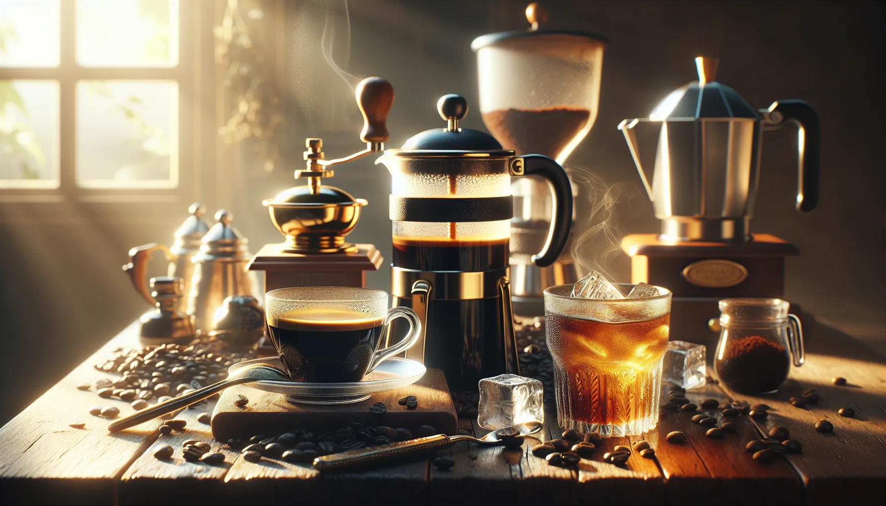 Two coffee cups contrasting dark espresso and light cold brew on a wooden table.