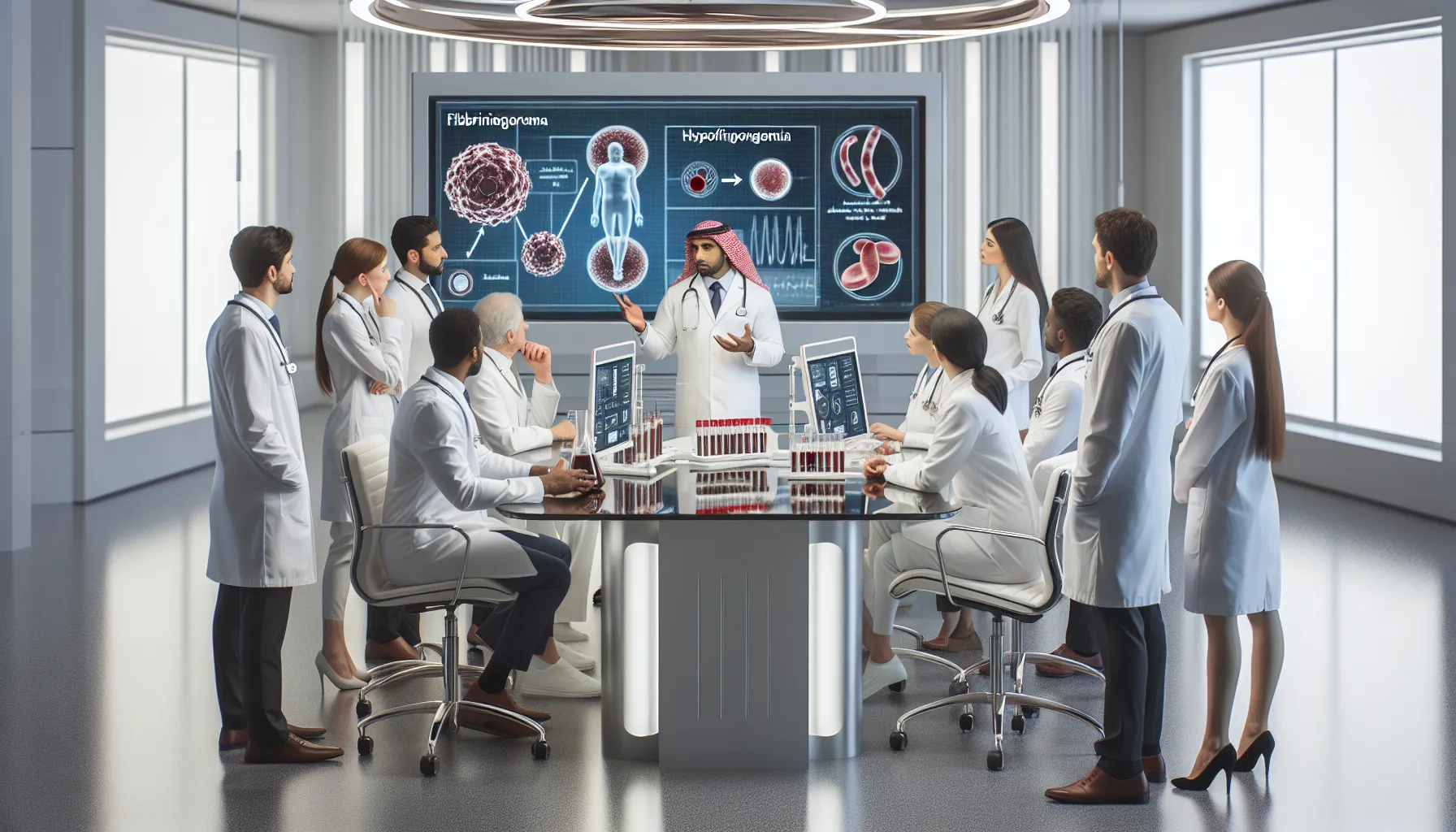 healthcare professionals discussing fibrinogen in a modern lab setting.