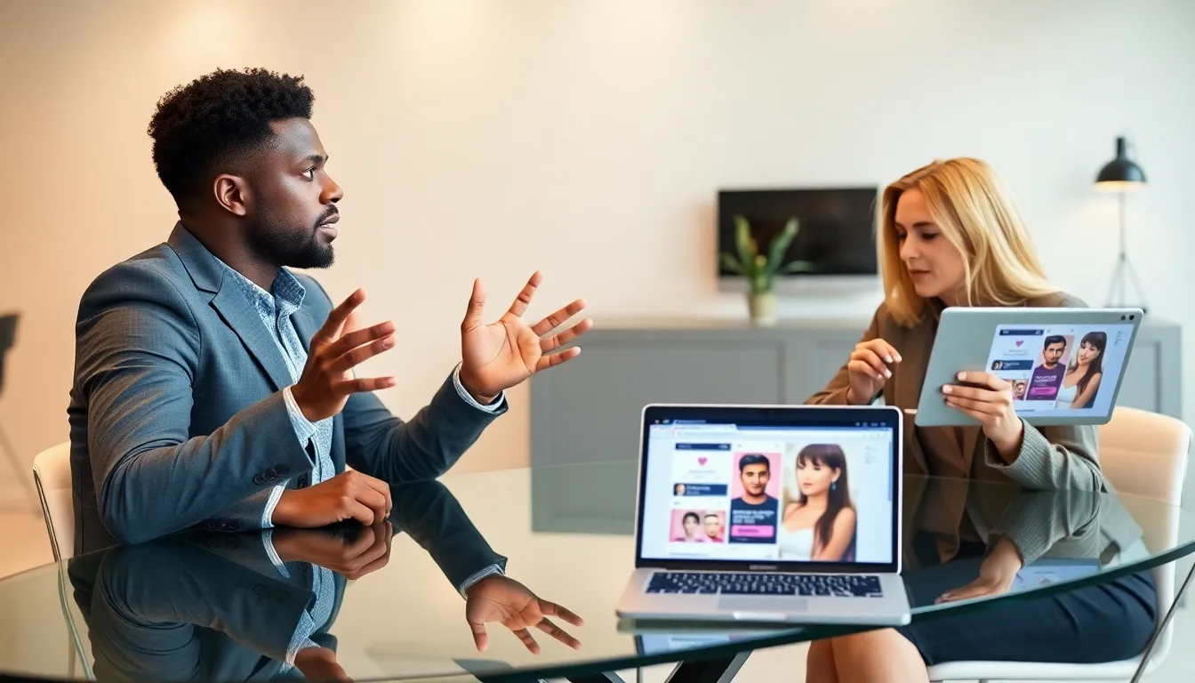 diverse professionals discussing features of a dating app in a modern office.