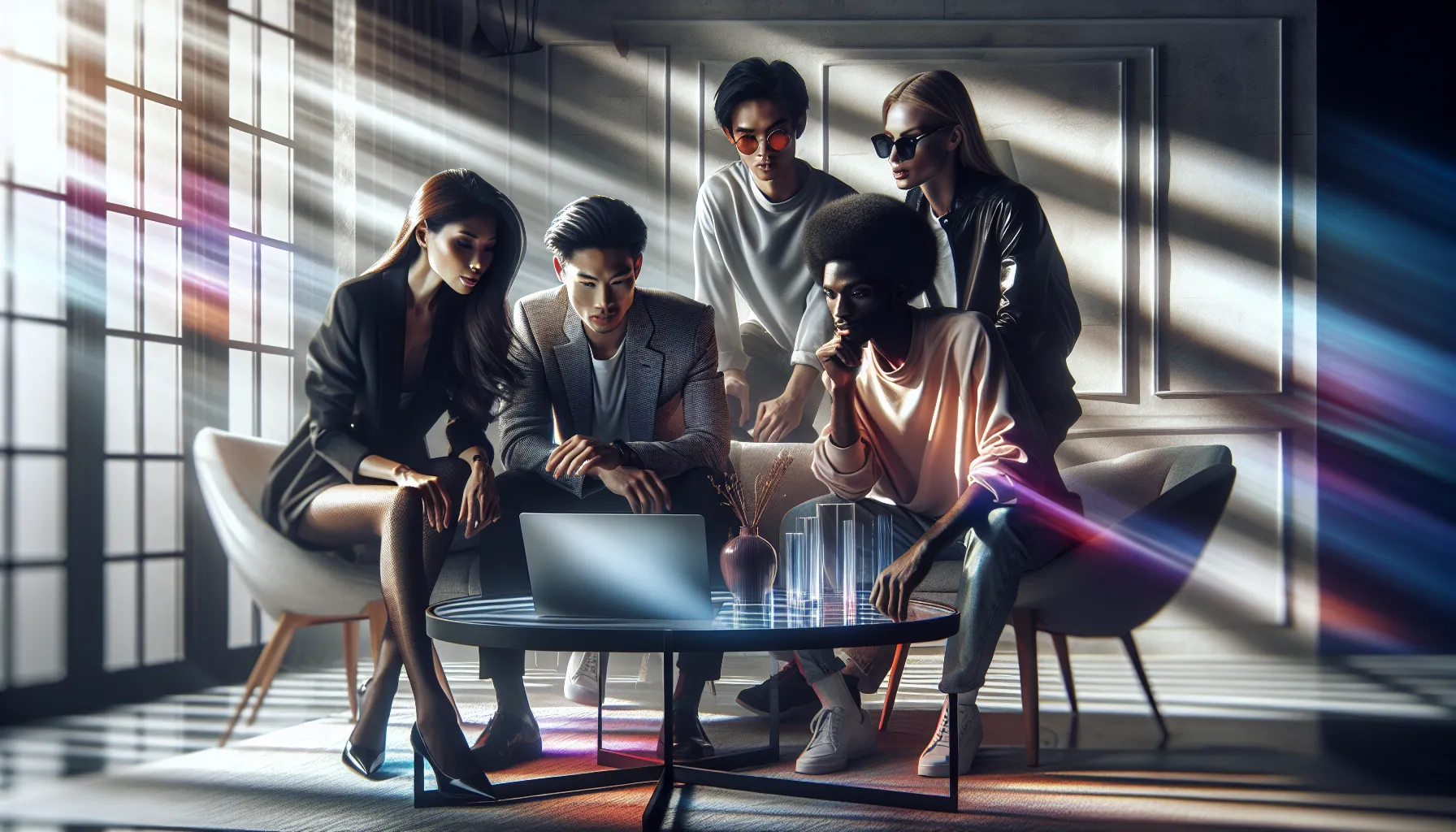 diverse friends engaging with laptops in a modern living room.