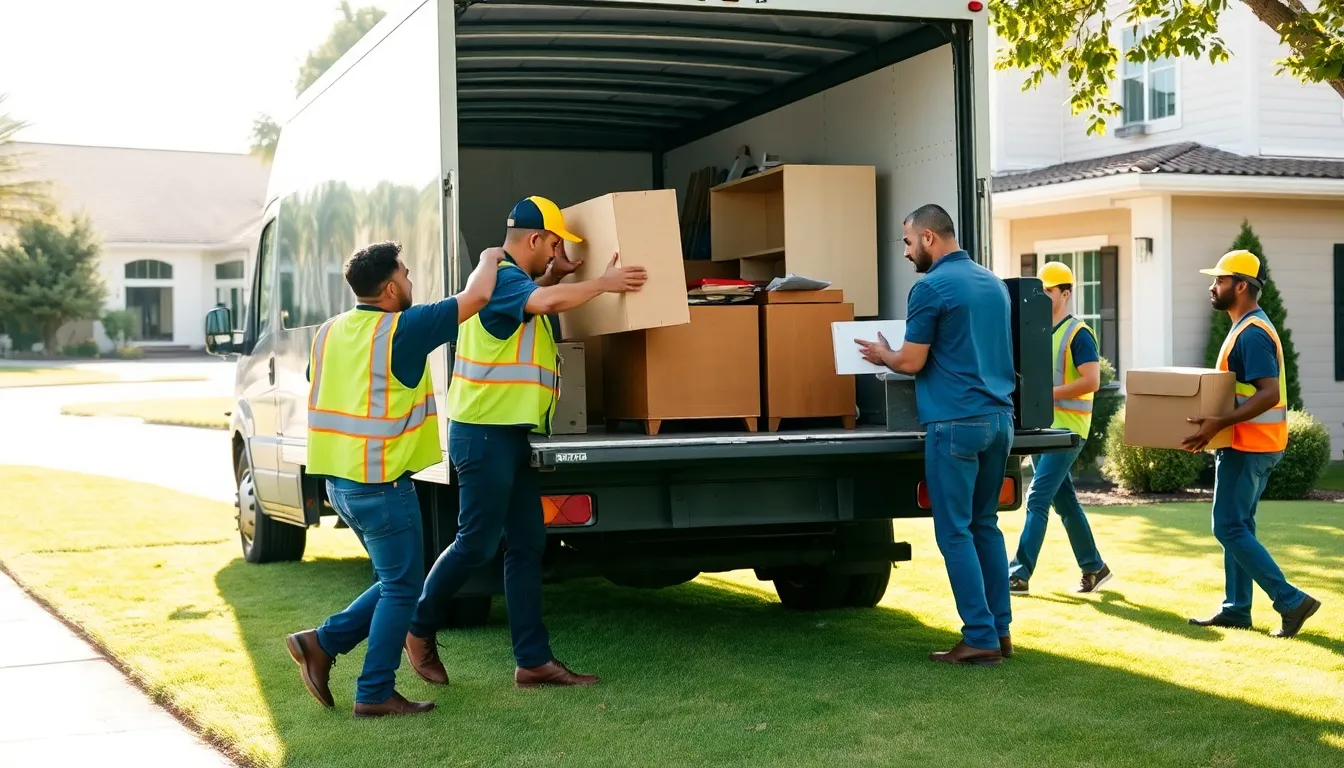 professional junk haulers removing items from a residential property.