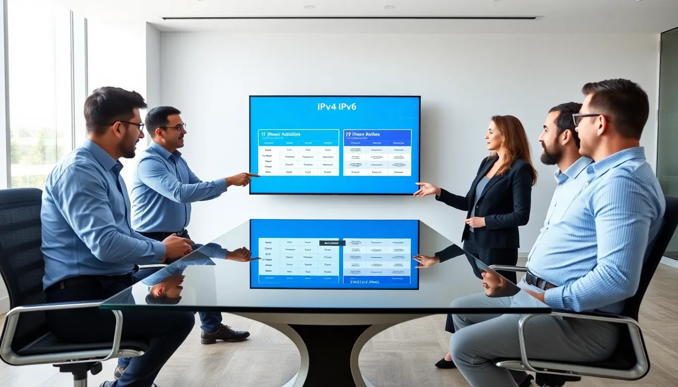 IT professionals discussing IP addresses in a modern office.