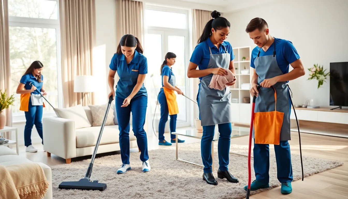 diverse team of home cleaners in a modern living room.