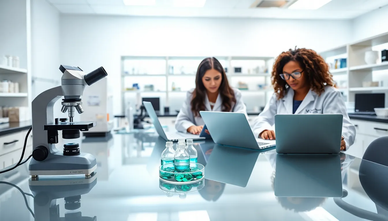 scientists studying glioblastoma cell lines in a modern lab.