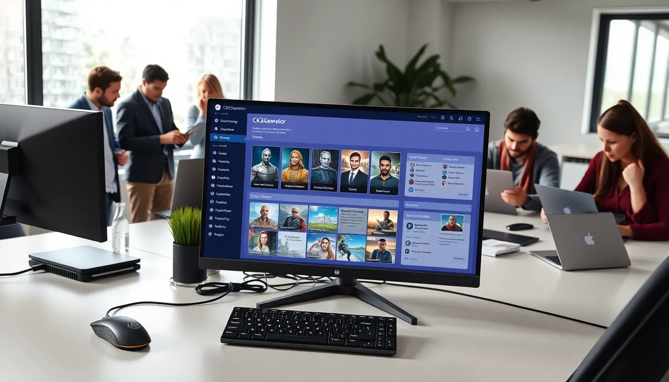 a computer screen showcasing CK2Generator with gamers collaborating in an office.