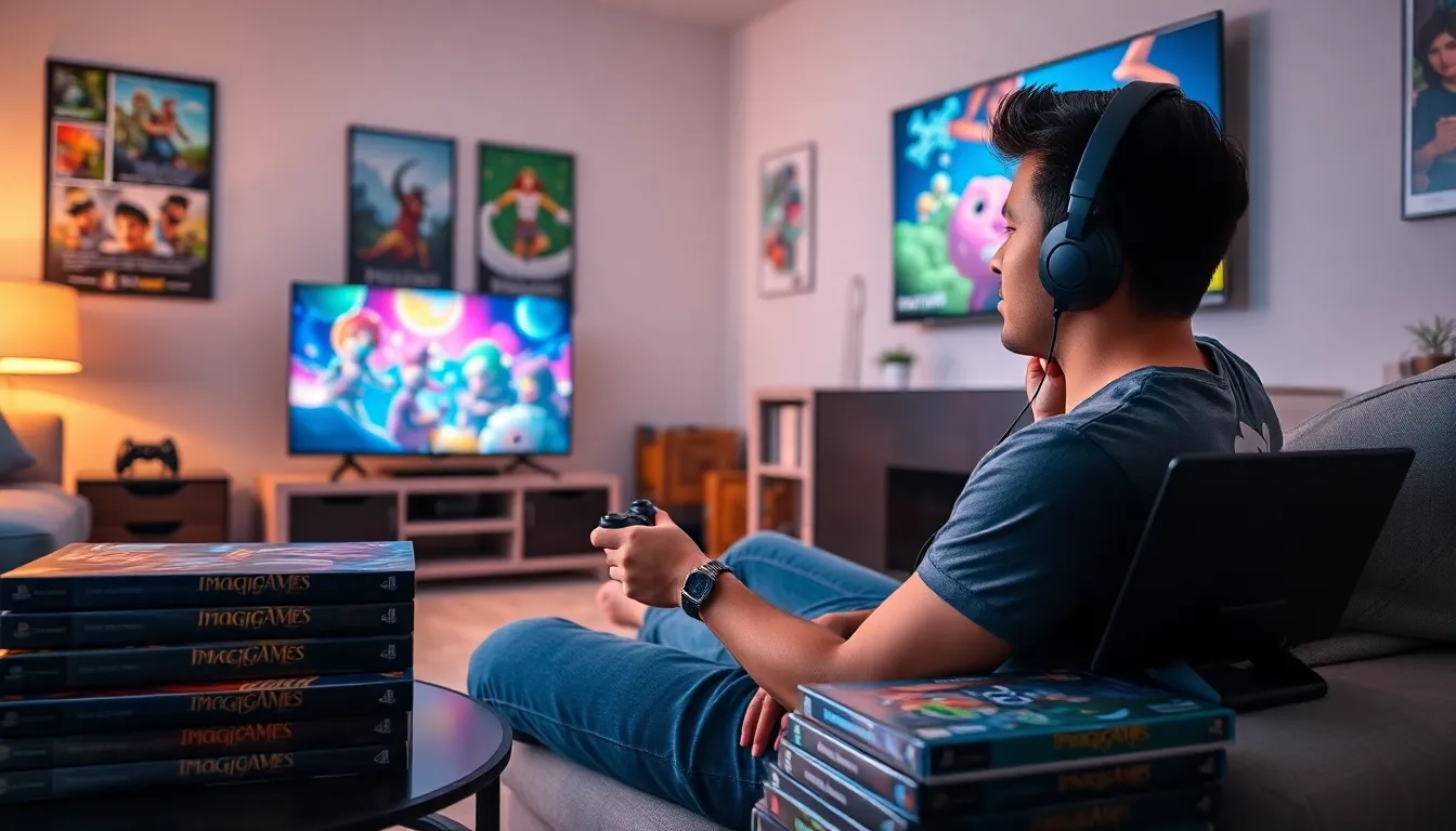 a gamer enjoying an ImagineerGames title on PlayStation in a cozy living room.