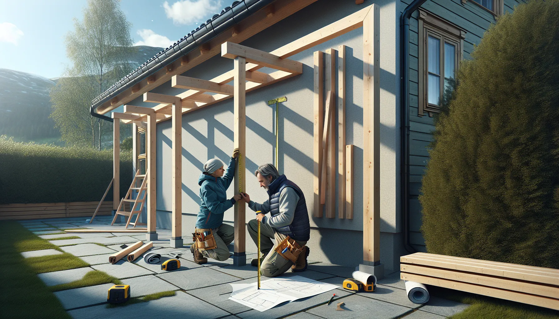 Homeowners mark a pergola footprint beside a norwegian house with string lines.