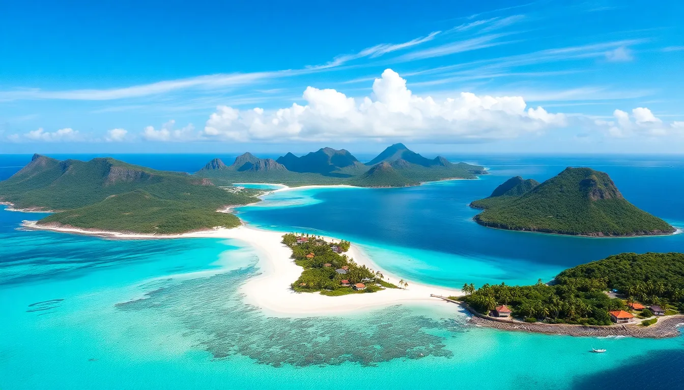 Aerial view of the Beevitius Islands showcasing beaches and lush landscapes.