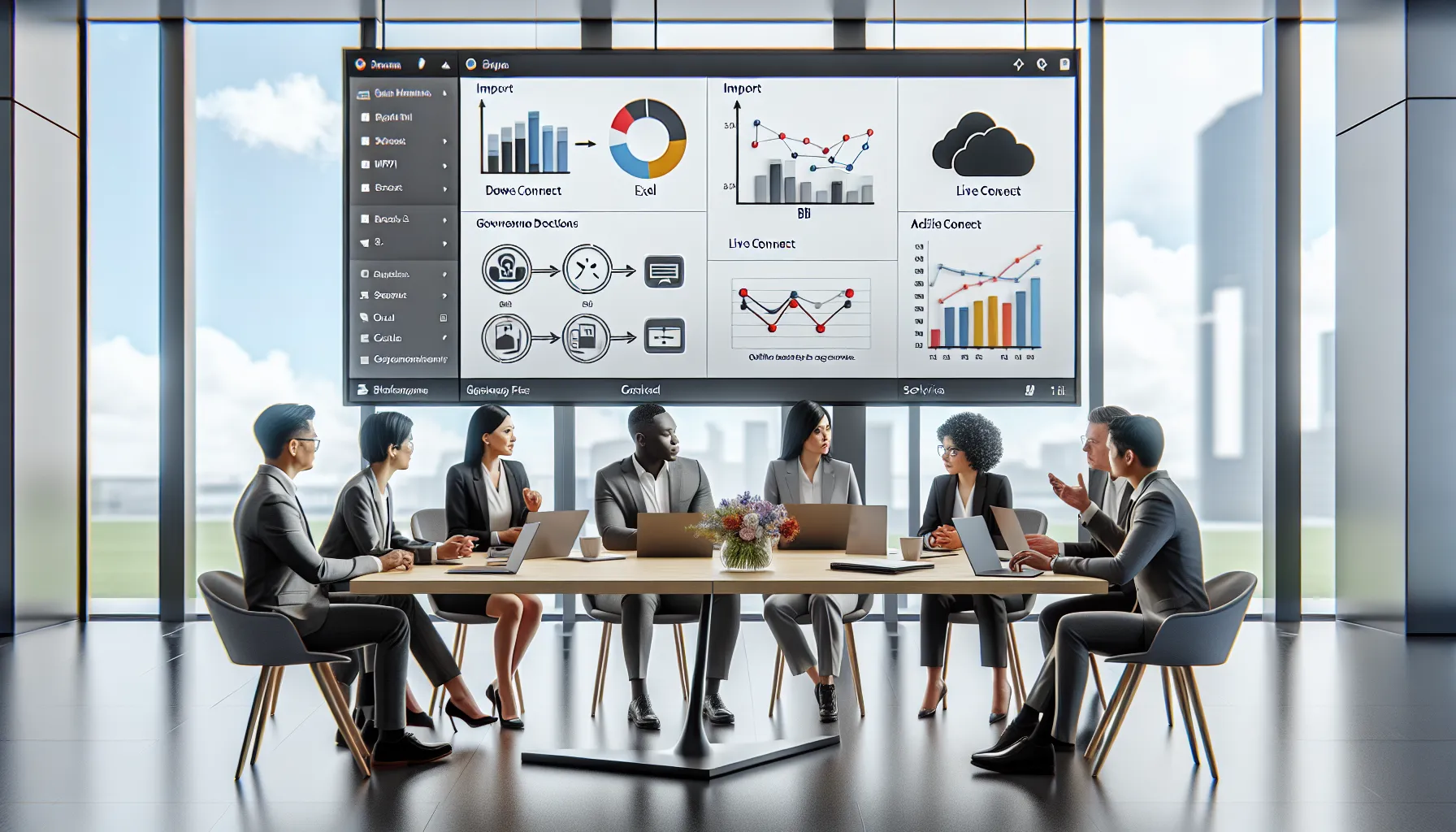 Data professionals viewing Excel-driven Power BI dashboards in a modern corporate office.