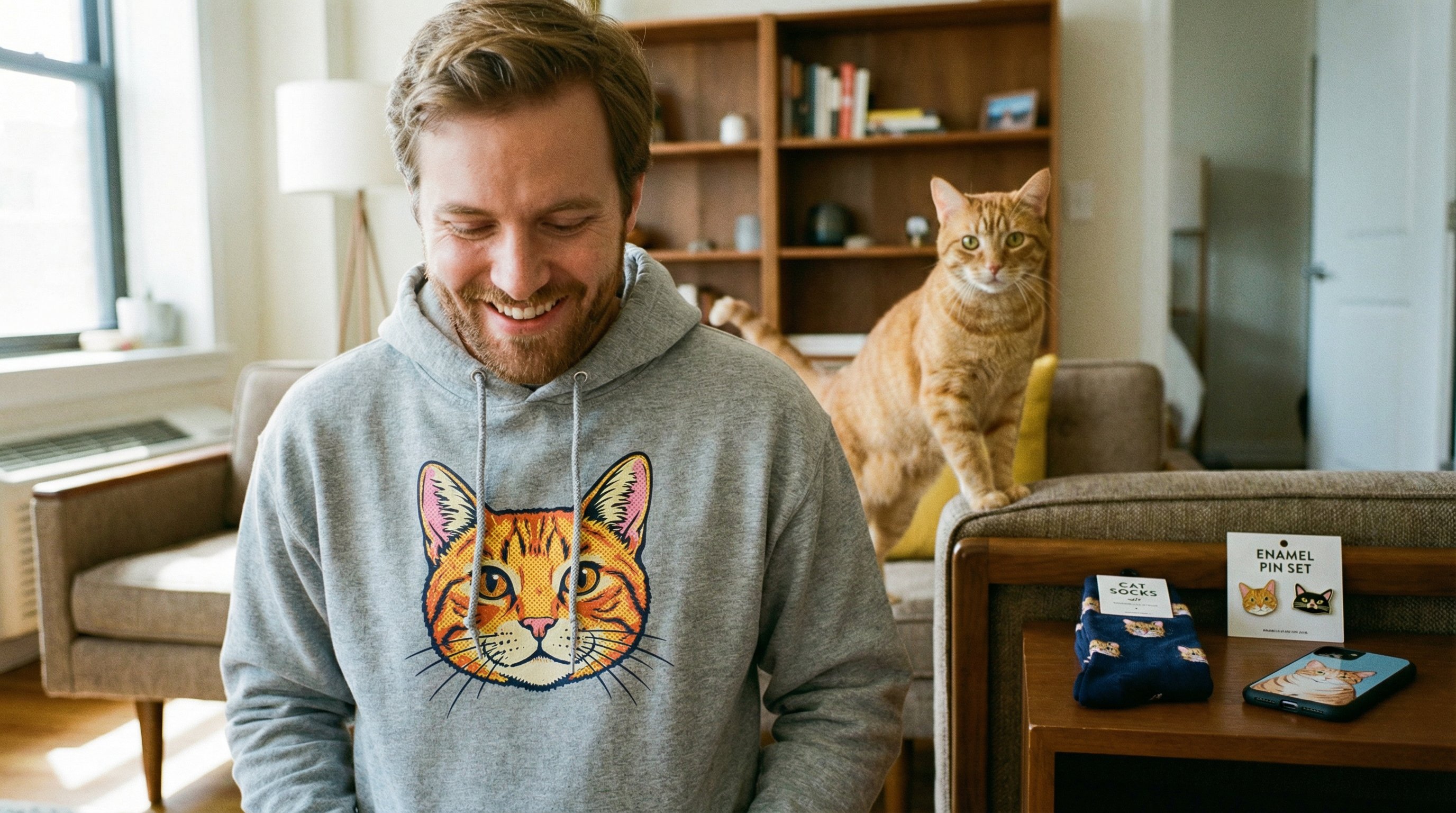 Man wearing a cat portrait hoodie with cat-themed accessories nearby.