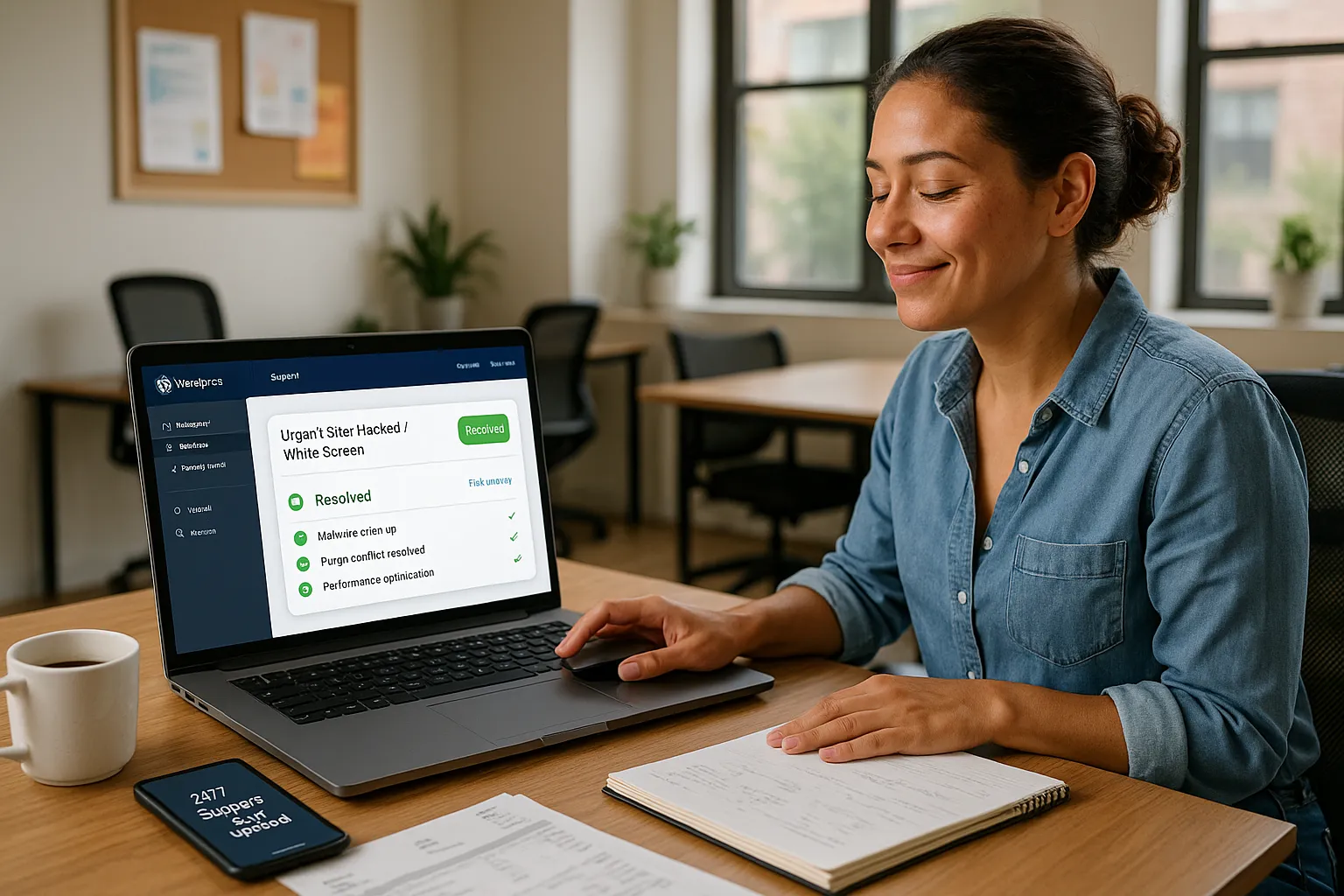 Small business owner relieved as WordPress support ticket is resolved on laptop screen.