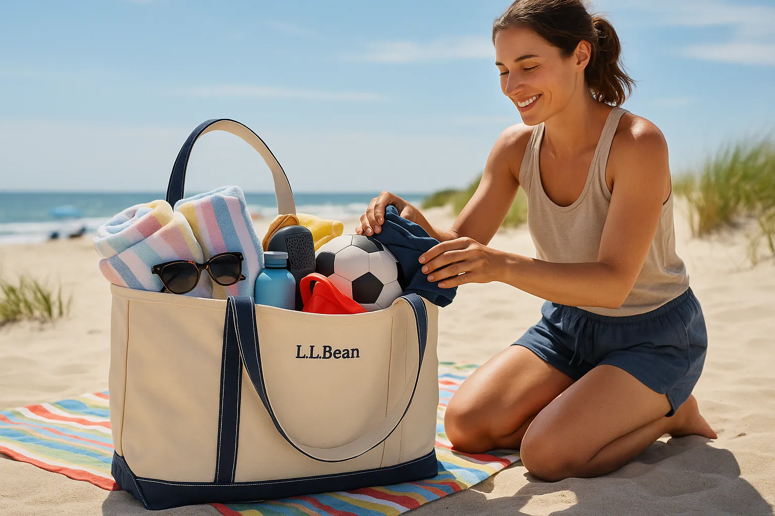a roomy tote bag overflowing with beach essentials on a sunny beach