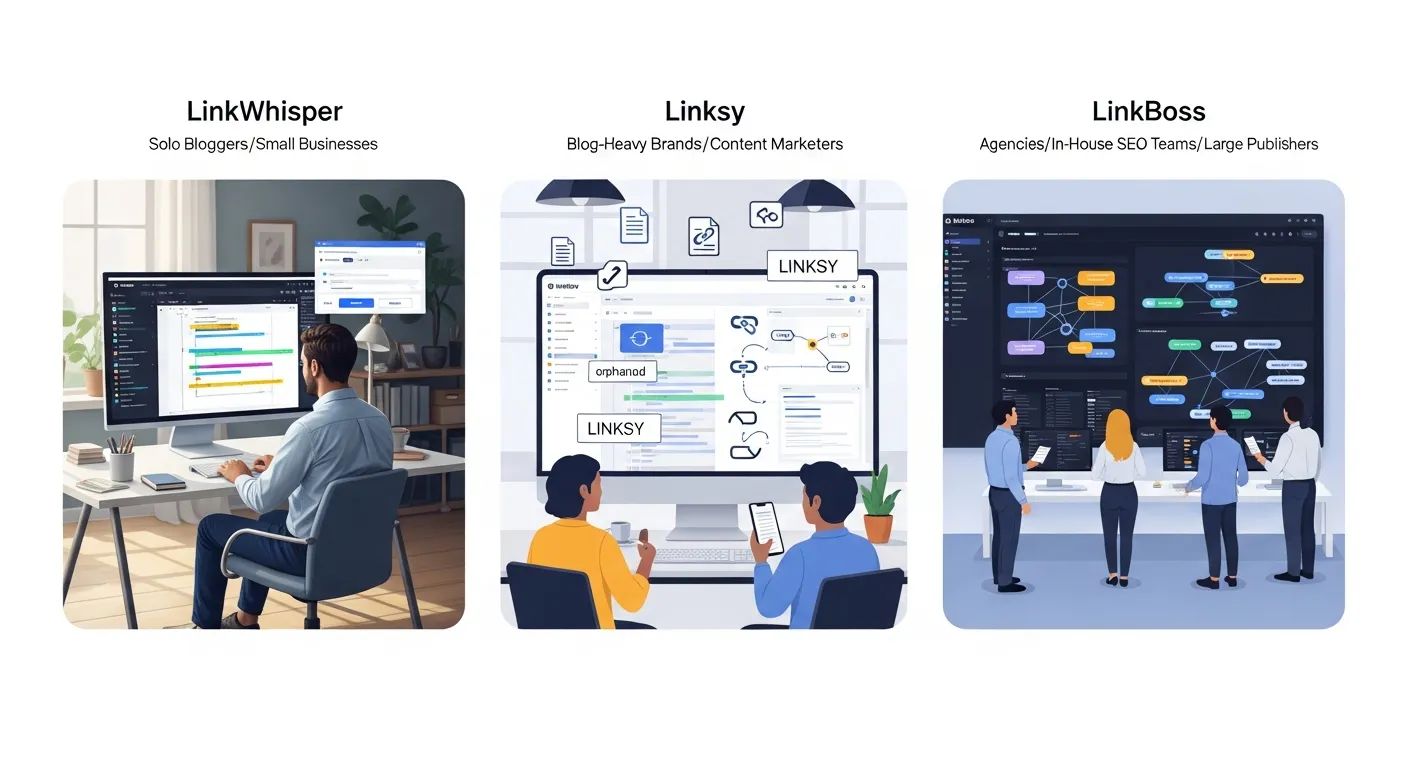 Comparison of three internal linking tools used by different types of content teams.