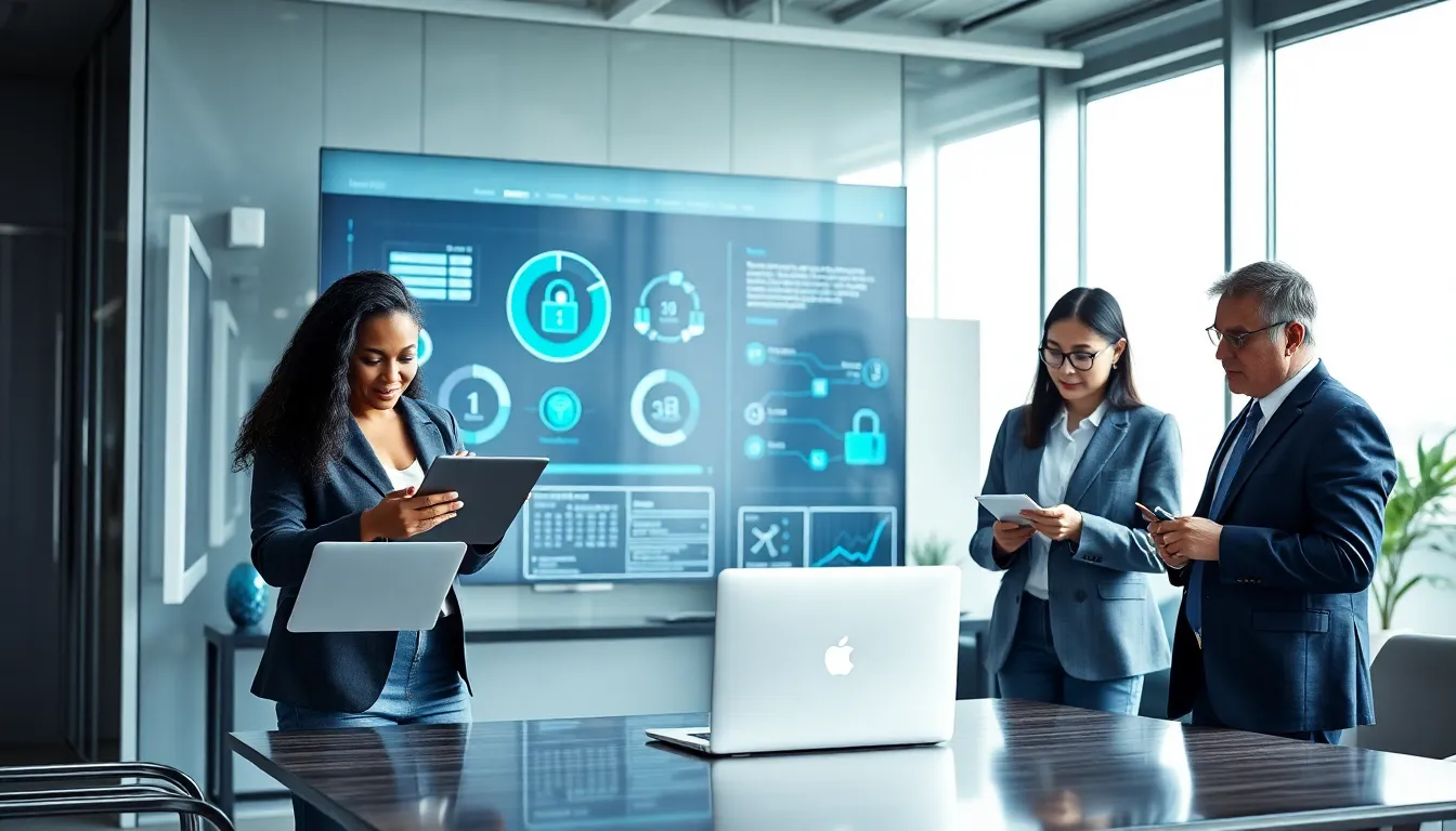 diverse professionals collaborating on cybersecurity strategies in a modern office.
