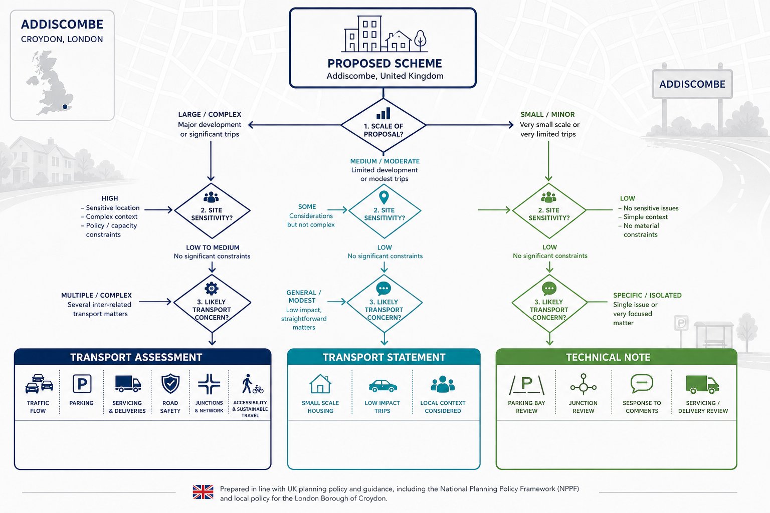 Decision tree comparing Transport Assessment, Transport Statement, and Technical Note options.