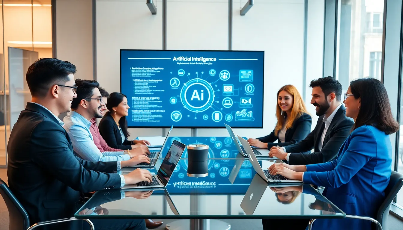 diverse team discussing AI in app development in a modern office.