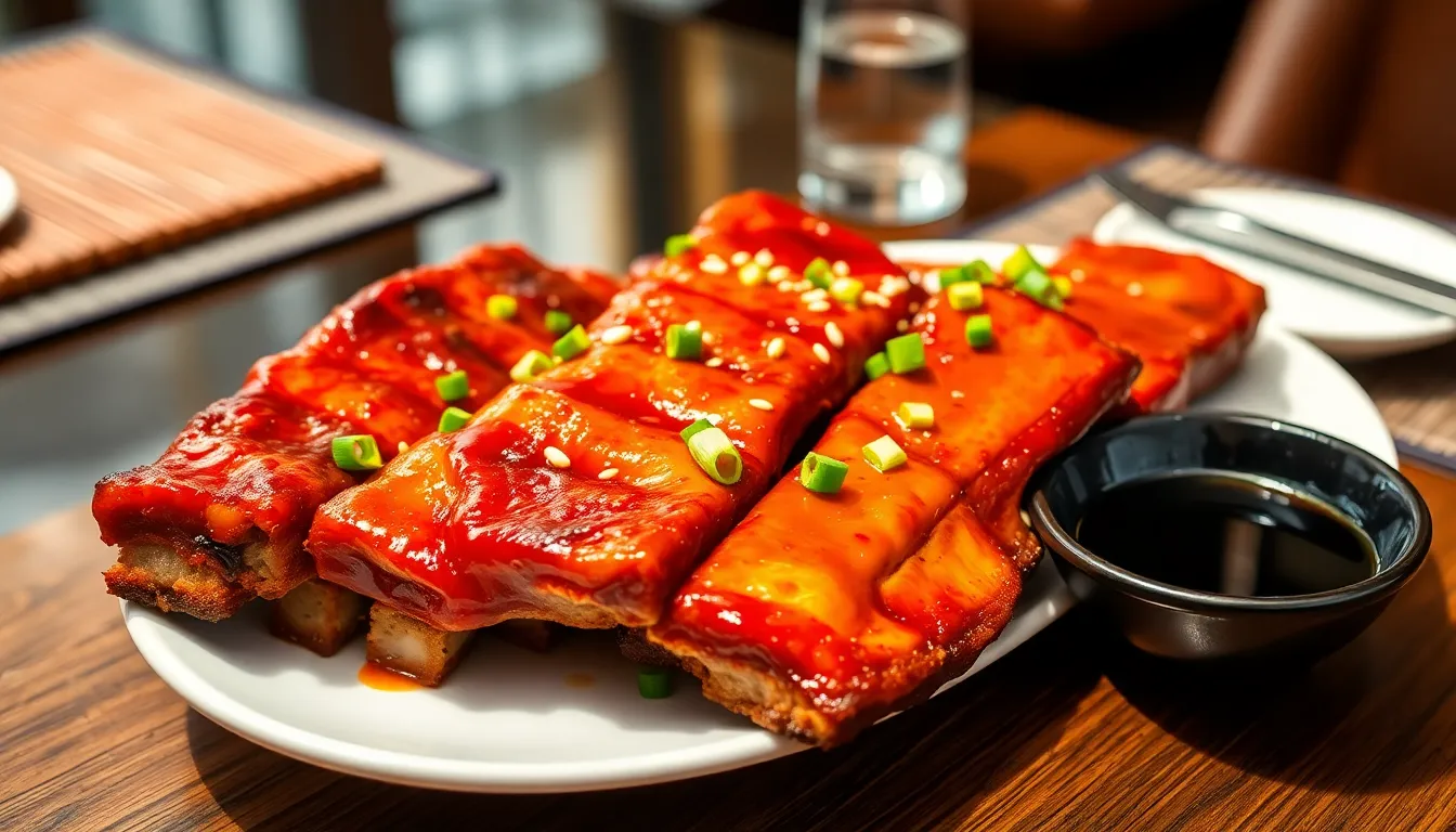 plate of Asian style ribs with garnish in a modern dining setting.