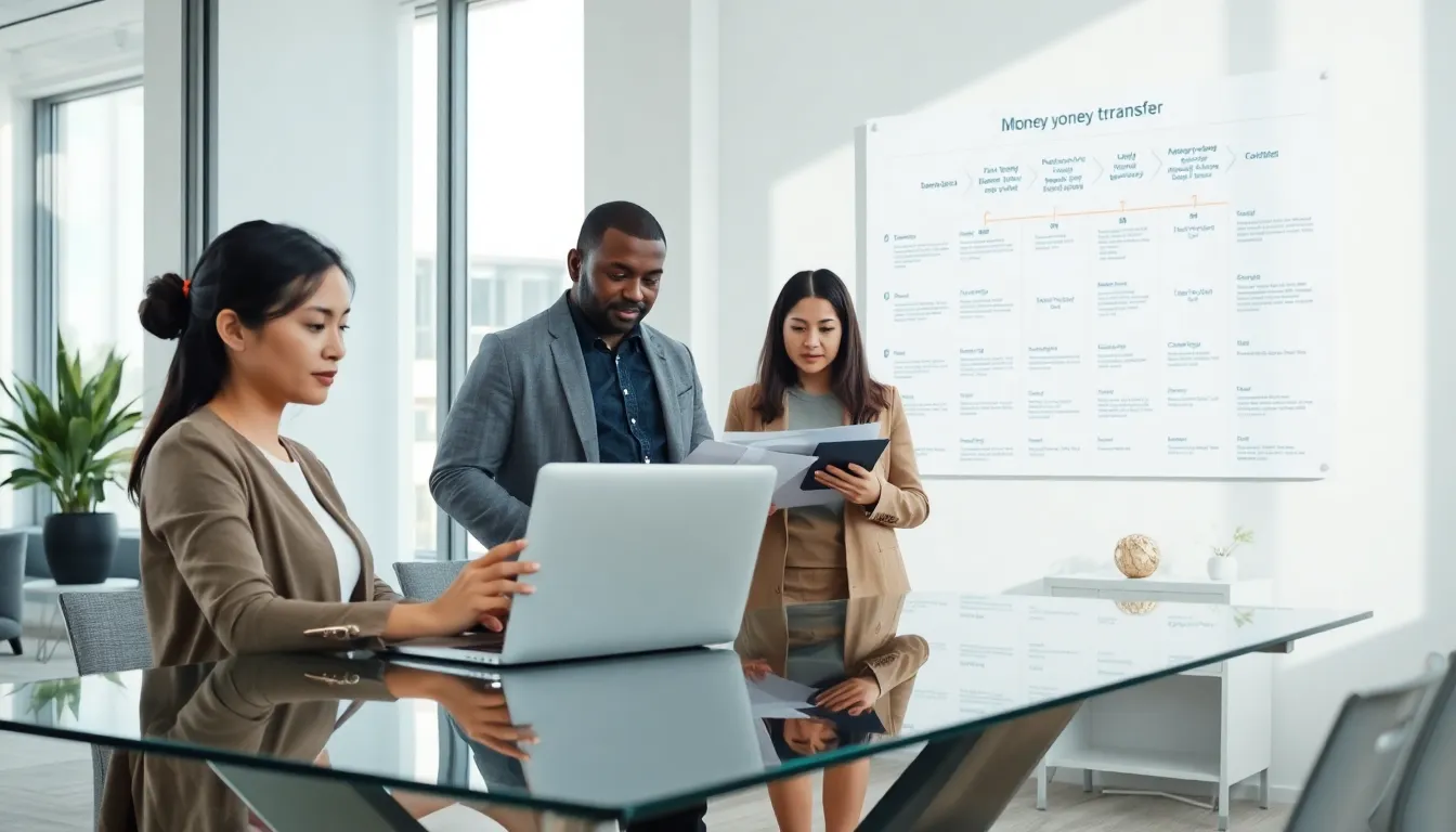 diverse team discussing money transfer processes in a modern office.