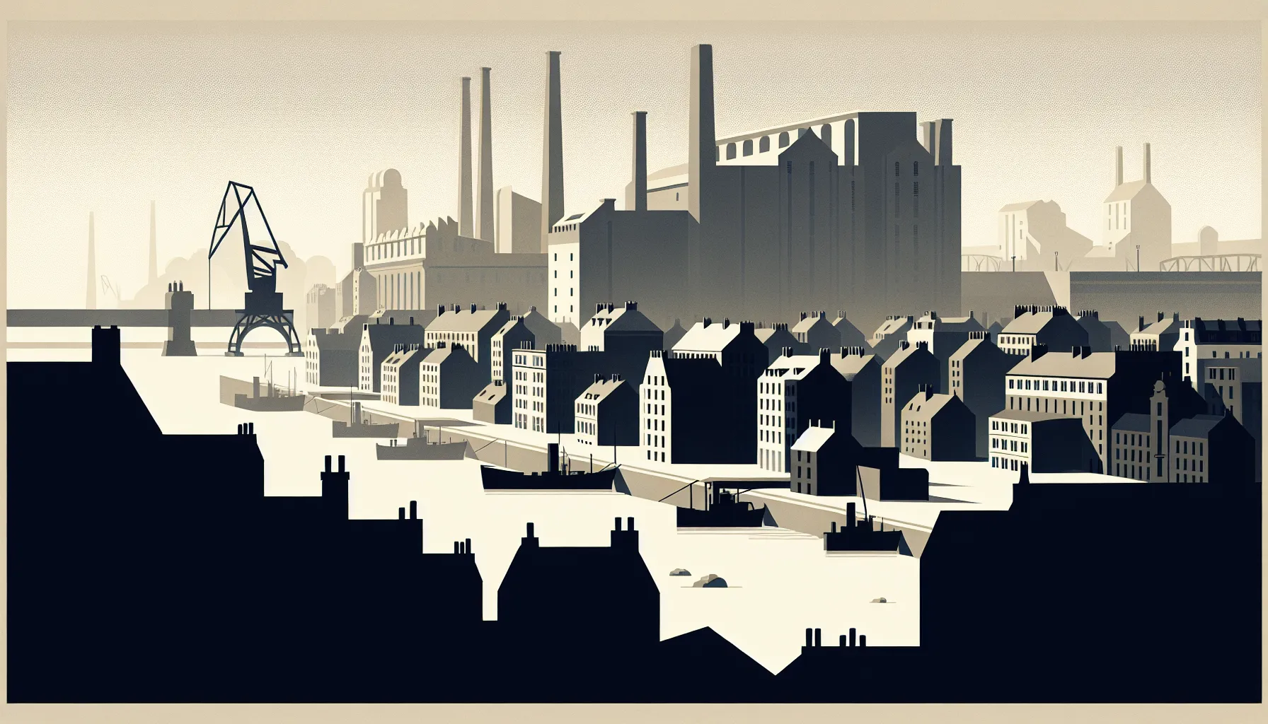 Simplified silhouette of a French industrial port town with basic geometric buildings