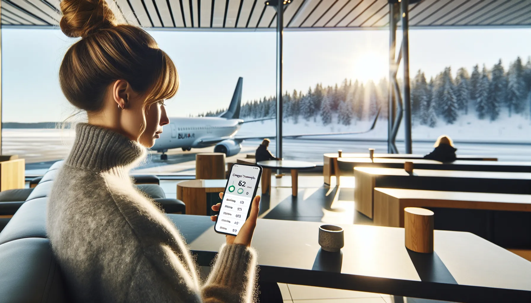 Norwegian traveler checks membership app in lounge, perks and break-even visible.
