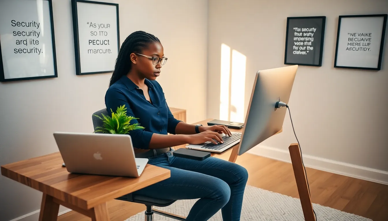 a woman focusing on online security in a modern home office.