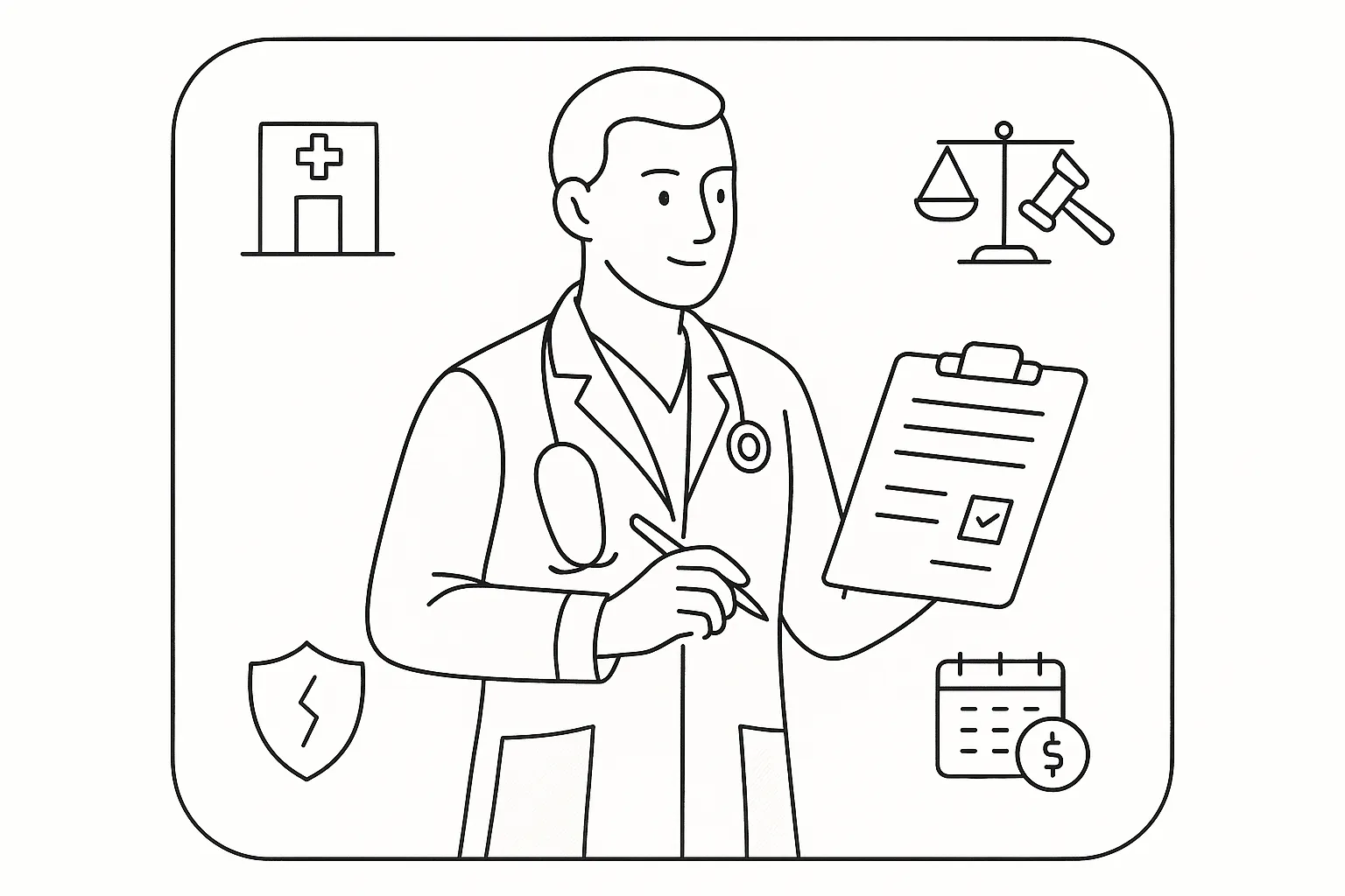 A relief veterinarian holding a contract with clinic, legal, and invoice icons.