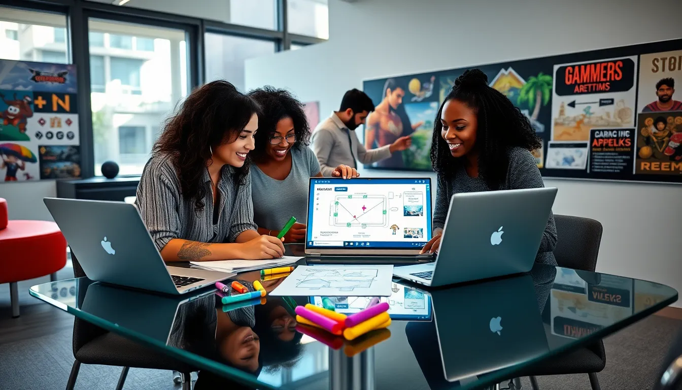 diverse team designing video games in a modern workspace.