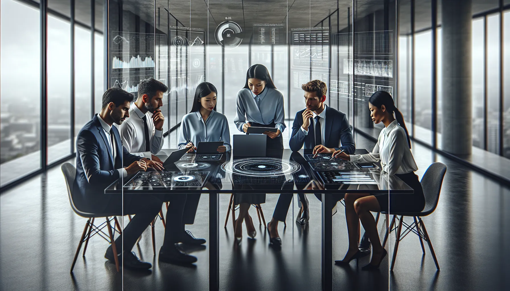 diverse team analyzing data in a modern office.
