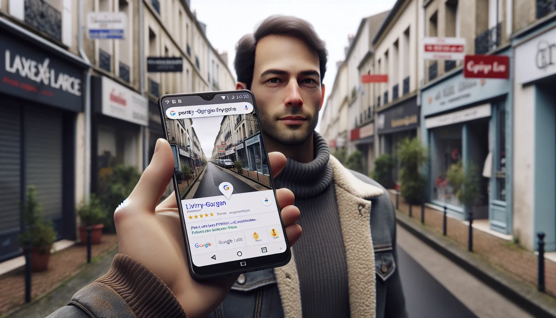 Man in Livry-Gargan using Google on his phone to choose a local service.