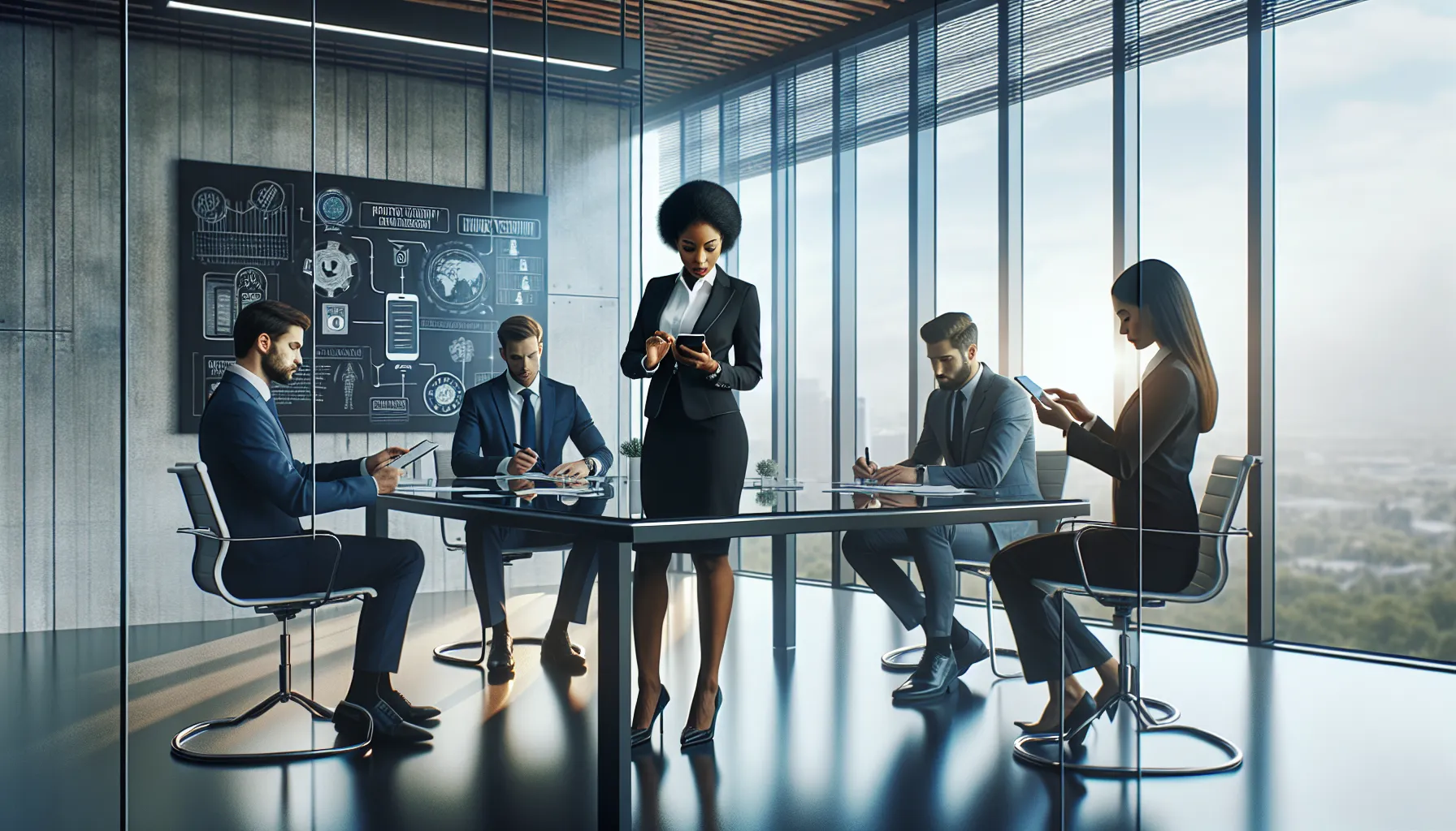 diverse team discussing phone safety in a modern office.