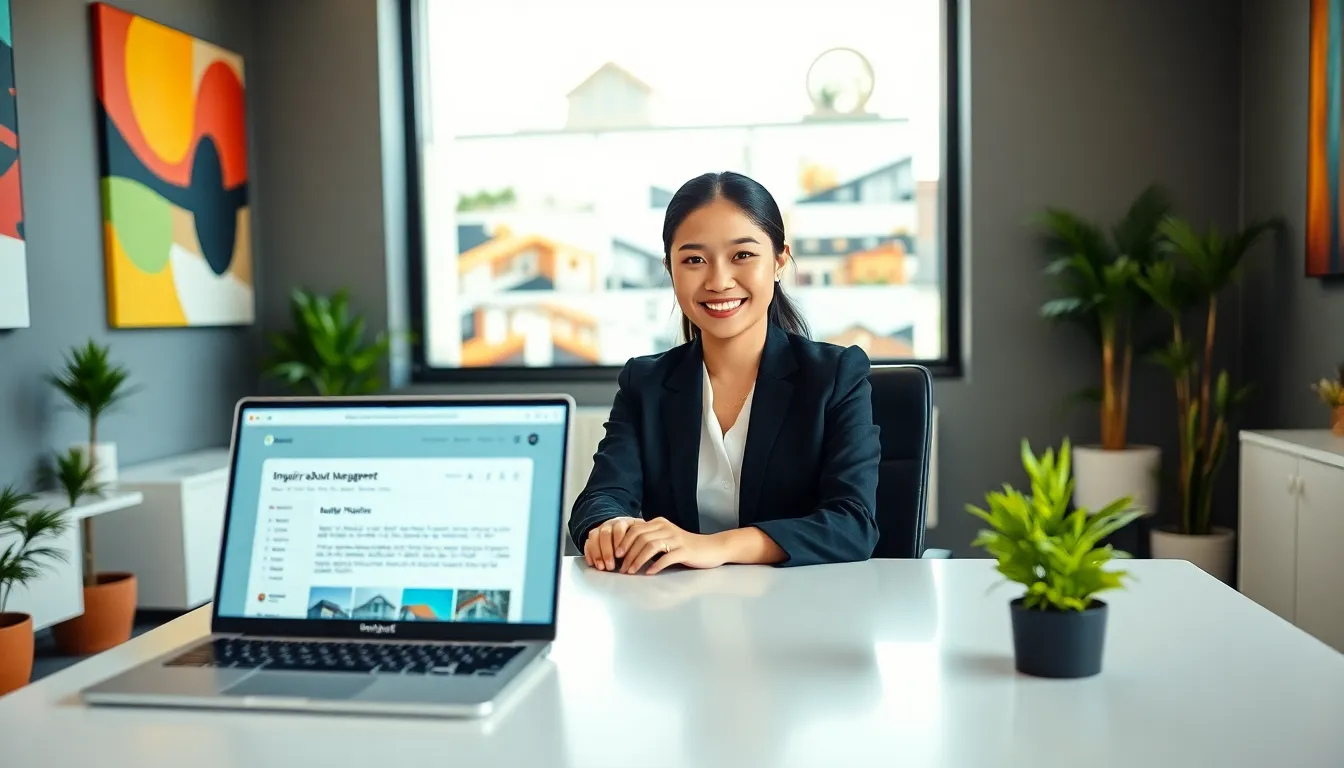 a Realty Manager in a modern office, reviewing an email on her laptop.