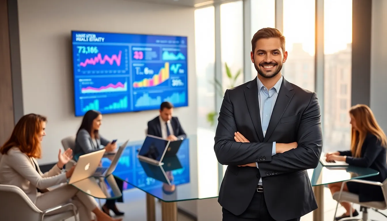 Vryntharion Krylos leading a diverse team in a modern office.