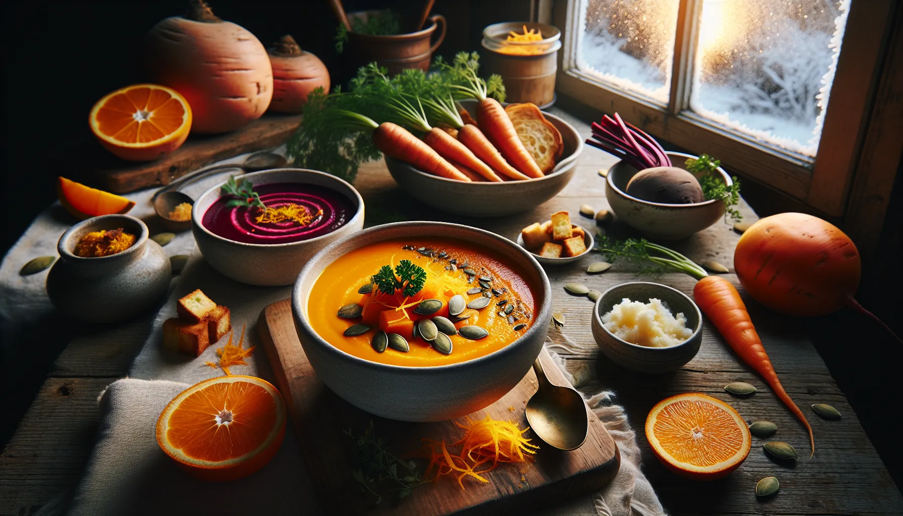 Three nordic root vegetable soups on a wooden table in winter light.