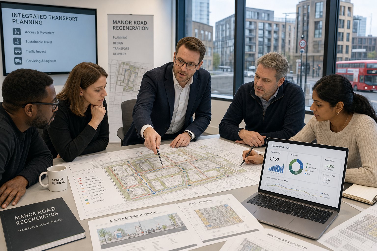 Consultants, planners, and architects reviewing transport plans in a modern office.