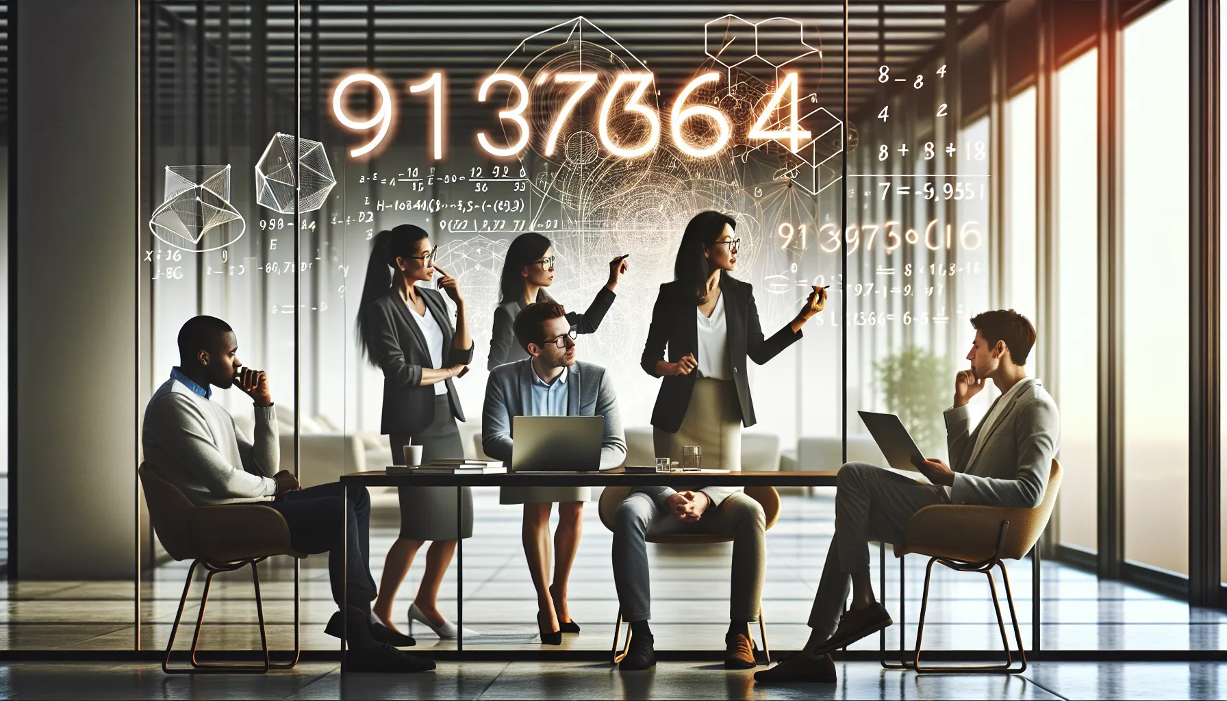 diverse professionals discussing mathematical properties in a modern workspace.