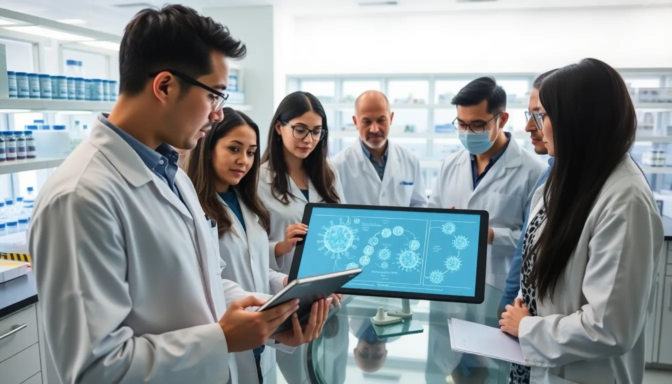 diverse scientists collaborating on viral replication research in a modern lab.