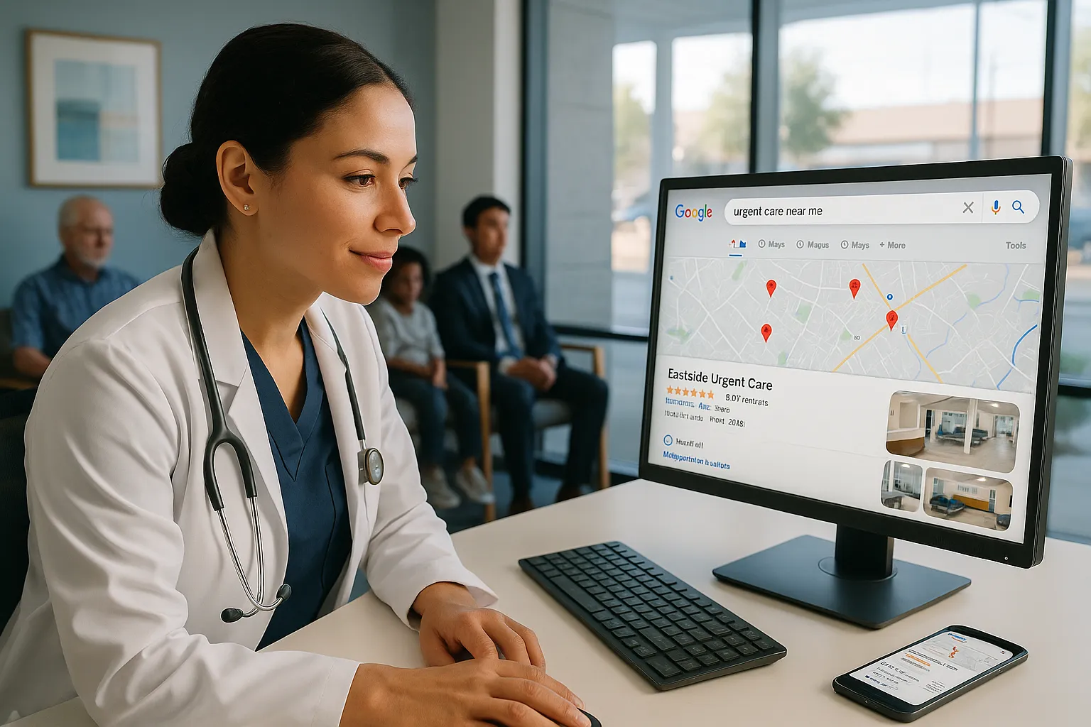 Doctor reviews her clinic’s Google local search listing in a modern medical office.