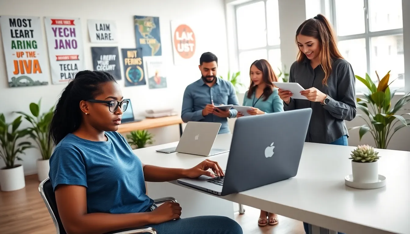 professionals collaborating in a bright coworking space on web development.